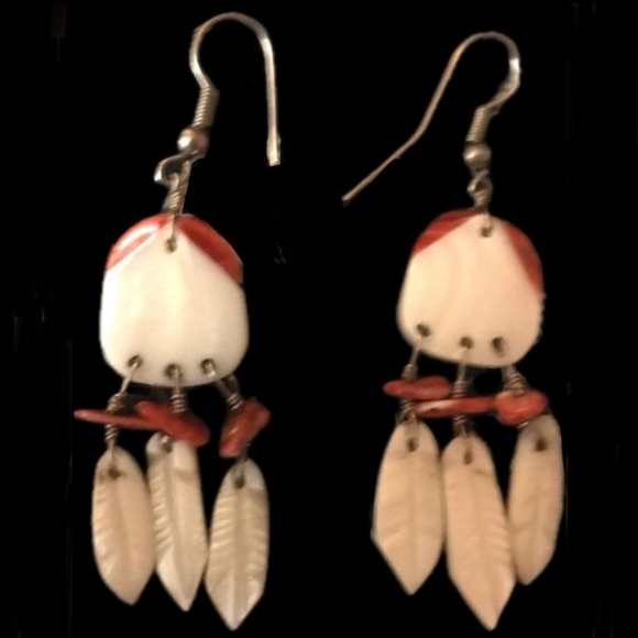 Coral Feathers White Carved Shell Iridescent Beach Southwestern Carnelian Dangle - Picture 5 of 5